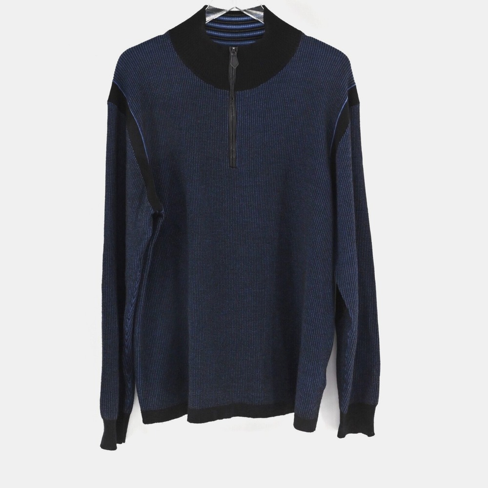 ROBERT GRAHAM Mens Blue Quarter Zip Sweater Sz XL Wool Waffle Knit Pullover Mock
